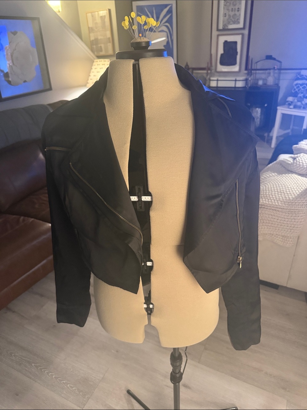 Dolce & Gabbana Black Cropped Silk/Satin Moto Jacket